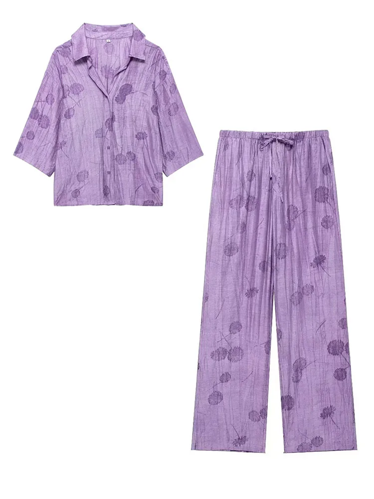 thumbnail image 1 of HH TRAF Traje de verano para mujer, camisa holgada con cuello vuelto y manga larga con botonadura sencilla y pantalón con lazo y cintura alta con cordones para mujer, 1 of 5