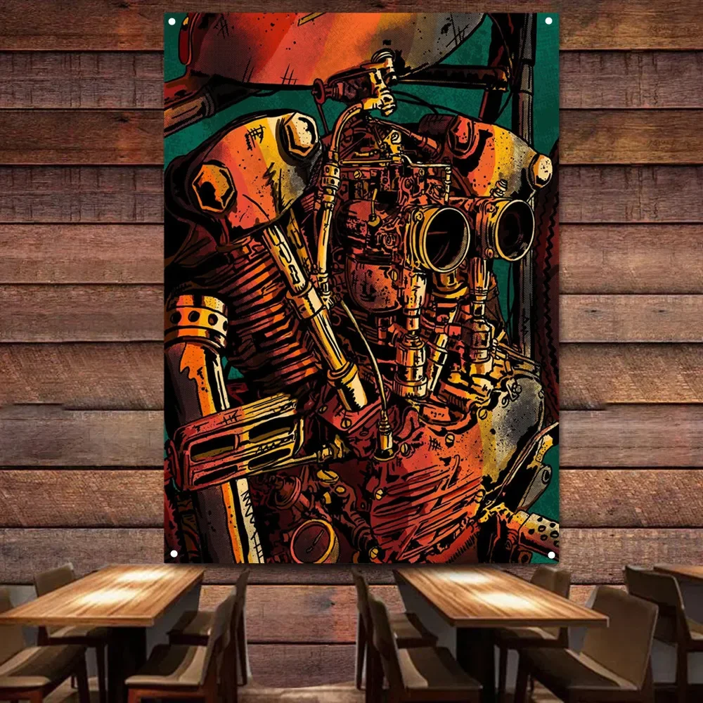 

Vintage Motorcycle Engine Art Poster Wall Painting Garage Flag Auto Repair Shop Gas Station Wall Decor Banners Home Tapestry