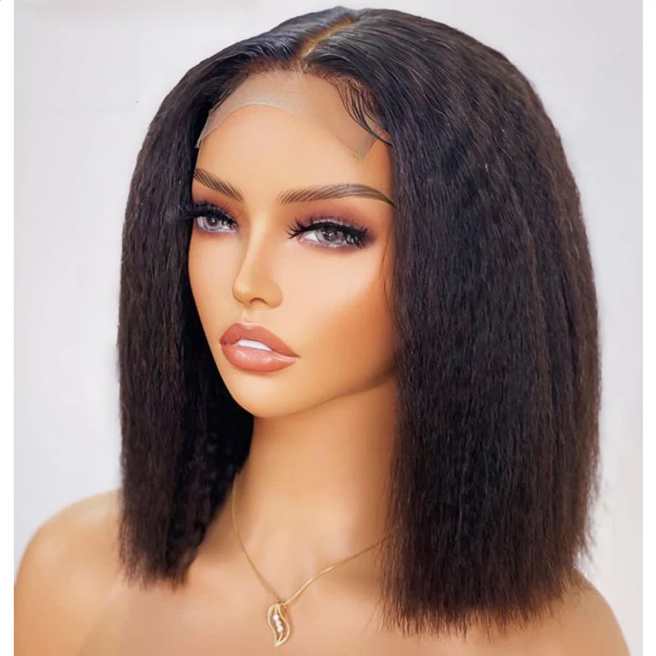 

Natural Black Soft Short Bob Preplucked Kinky Straight Yaki Lace Front Wig 180% Density For Black Women With Baby Hair Glueless