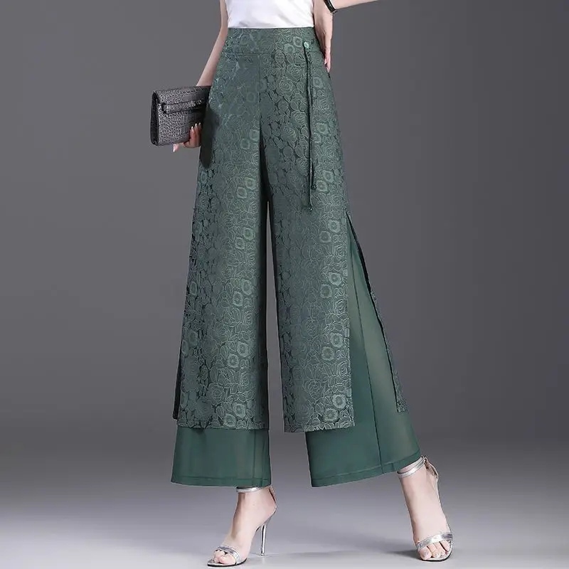 Fashion Elegant Simple High Waist Split Wide Leg Pants Women's Panelled Print Summer New Pockets Jacquard Straight Trousers 2024