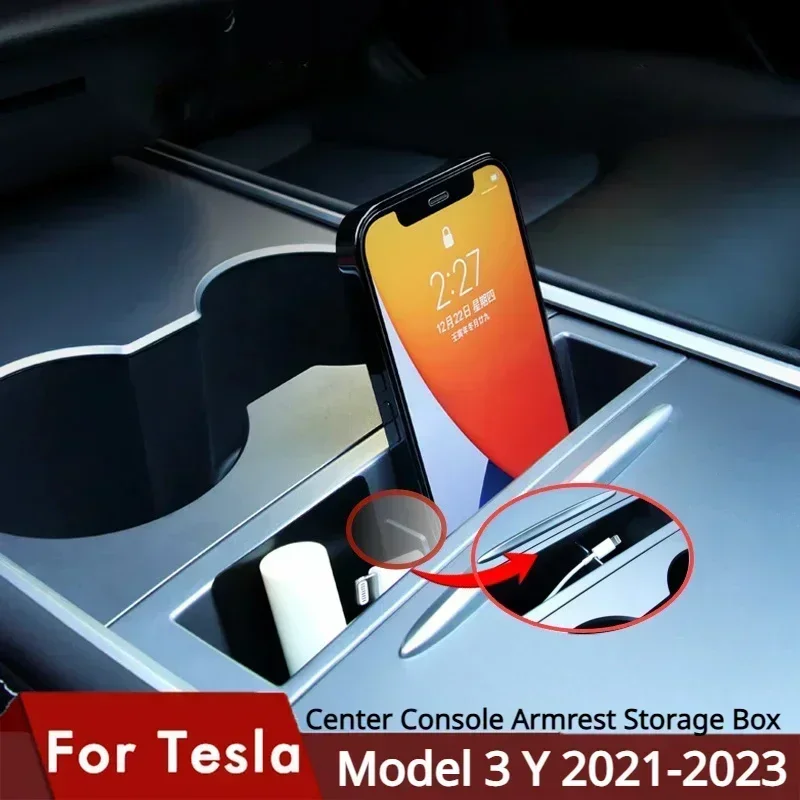 Mobile Phone Storage Box For Tesla Model 3 Y 2021-2023 Central Control Embedded Card Key Phone Charging Cable Organizer