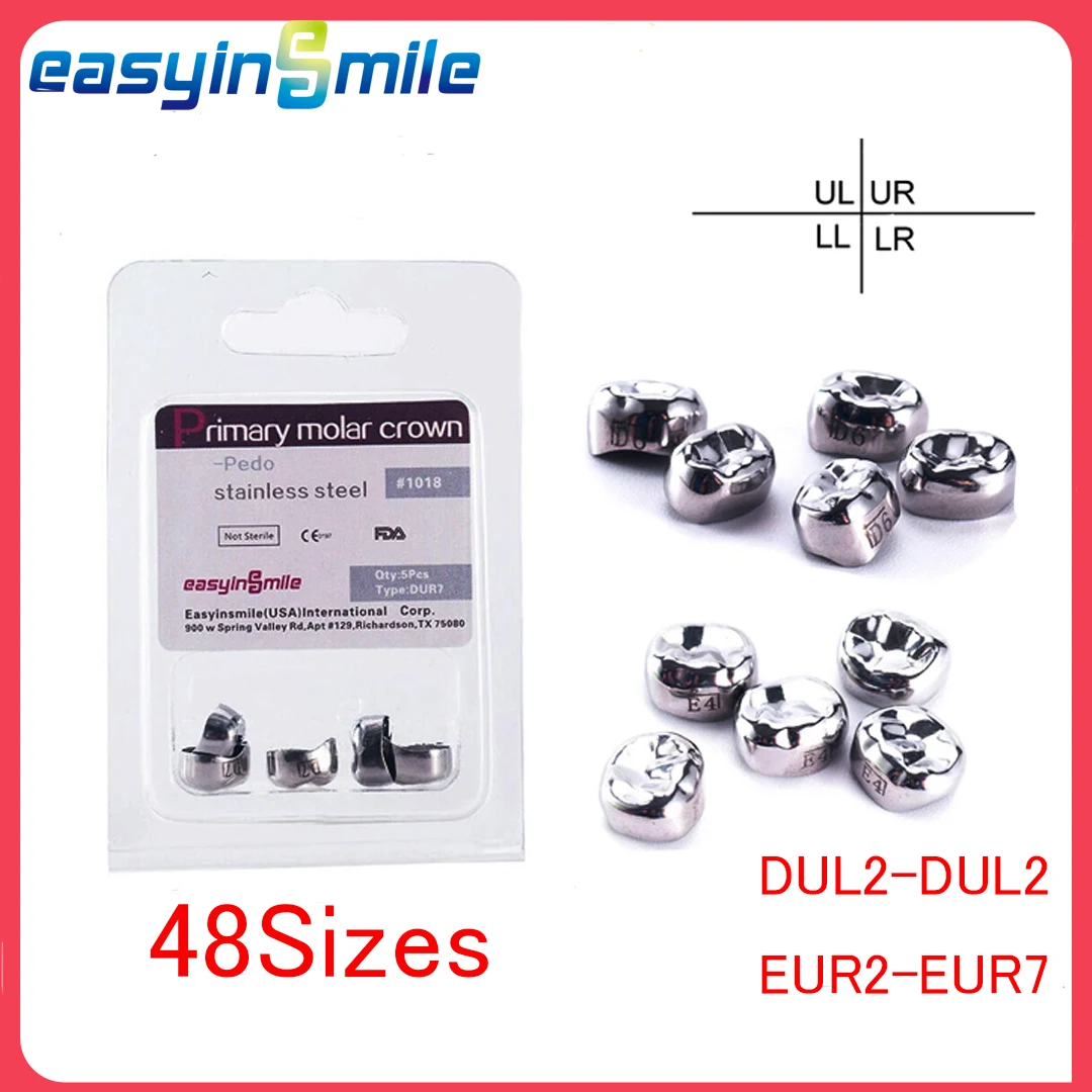 

EASYINSMILE 5Pcs Dental Kids Molar Teeth Stainless Steel Primary Temporary Refill Pediatric Preformed Crowns UL-UR-LL-LR