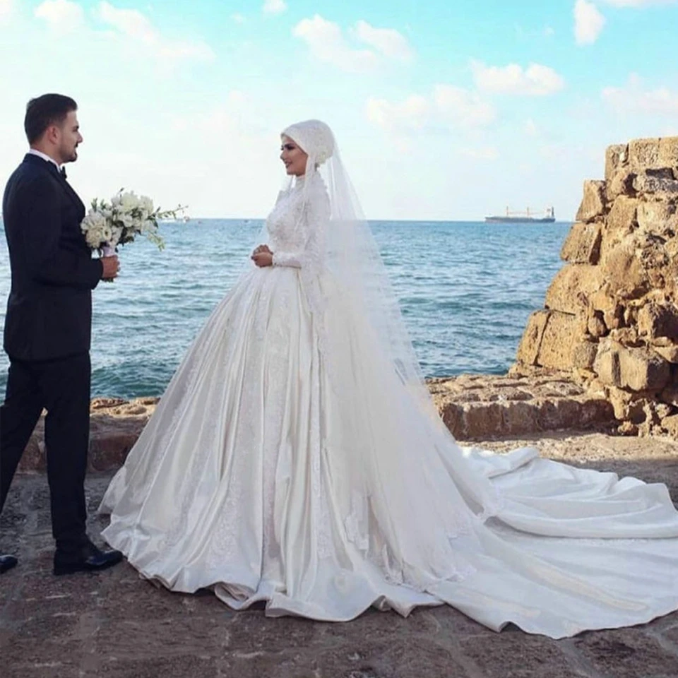 Elegantes Elfenbeinfarbenes Muslimisches Hochzeitskleid mit Hohem Kragen und Langen Ärmeln 2026 Satin-Applikationen Arabische Brautkleider Vestidos De Novia – Detail 4