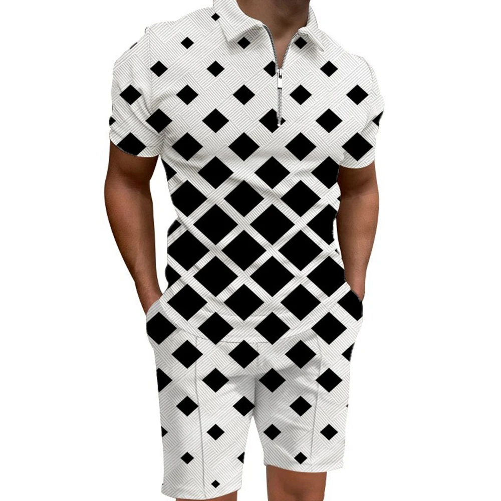 

2023 Summer Men's Suit 3D Square Summer V-Neck Zipper Short-Sleeved POLO Shirt Shorts Two-Piece Men's Casual Fashion Suit
