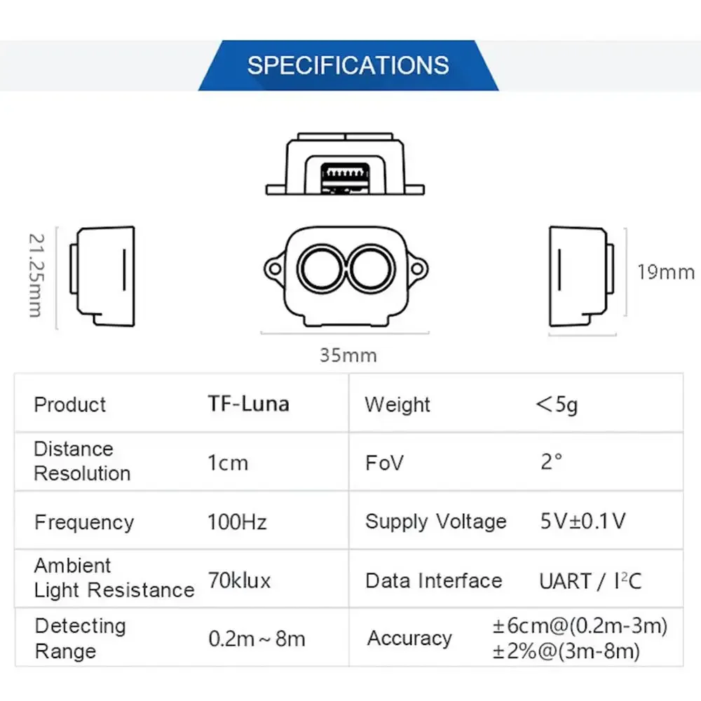 Tf-Luna Single-Point Lidar Module Range Finder Sensor Micro Variërend Module Voor Arduino Pixhawk Uart Iic Met 3 Kabels