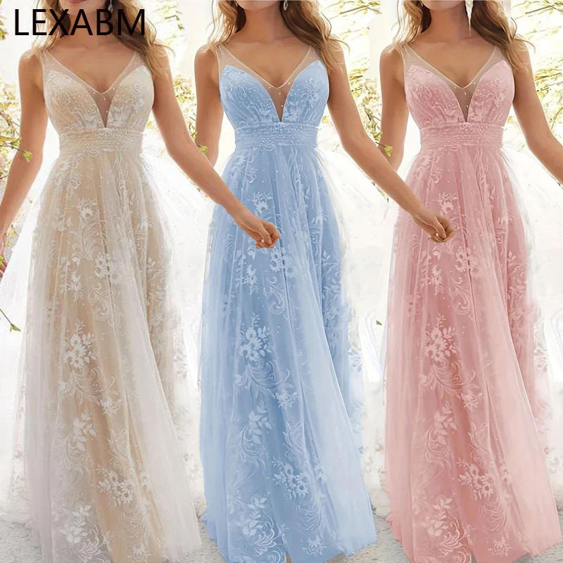 

Women's Spaghetti Straps Wedding Party Dress Sexy Lace Embridery V Neck Backless Evening Gown Maxi Dress Vestidos Robe