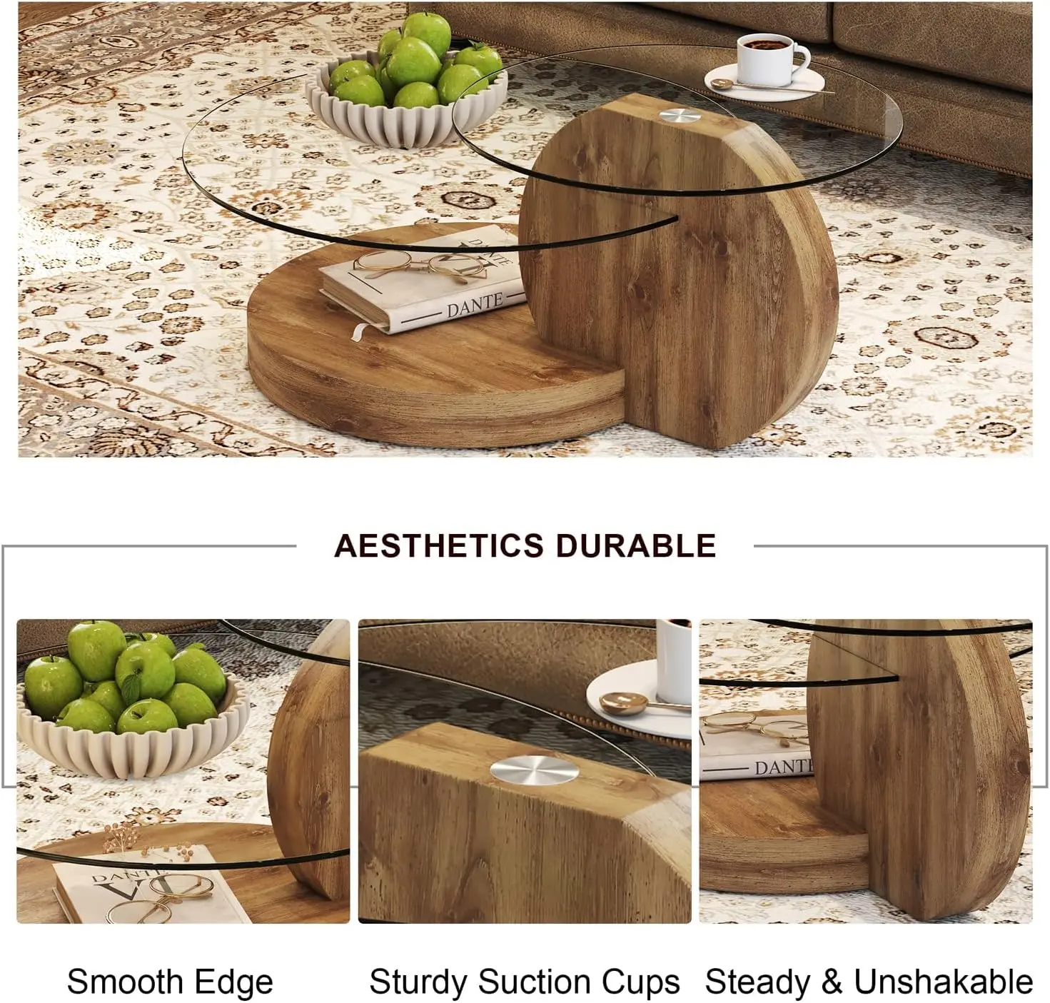 Glass Coffee Table,Modern Round Tempered Glass Coffee Tables for Living Room,3-Tier Circle Wood Coffee Table with Cocktail Table 2