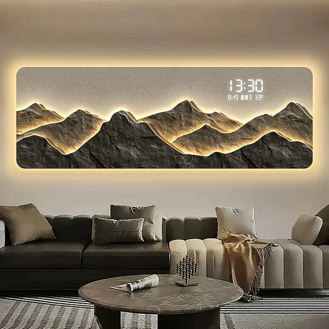 ภาพวาดตกแต่งห้องนั่งเล่นระดับไฮเอนด์ นาฬิกาอิเล็กทรอนิกส์ดิจิตอล LED ภาพวาดแขวนแสงบรรยากาศหลังภูเขา 1