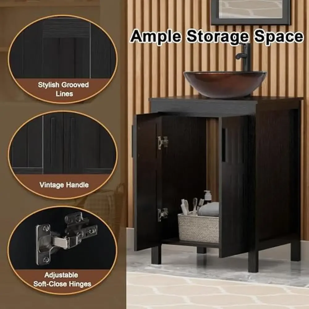 Black Bathroom Vanity 24" with Vessel Sink Combo Modern Cabinet Grooved Doors Metal Handles Stylish Weatherproof Scratch 5