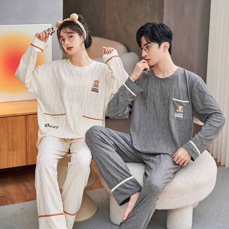 New Long Sleeve Sleepwear Couple Men and Women Matching Home Set Cotton Pjs Cartoon Prints Leisure Nightwear Pajamas for Spring new short sleeve sleepwear couple men and women matching home set cotton pjs cartoon prints leisure nightwear pajamas for summer