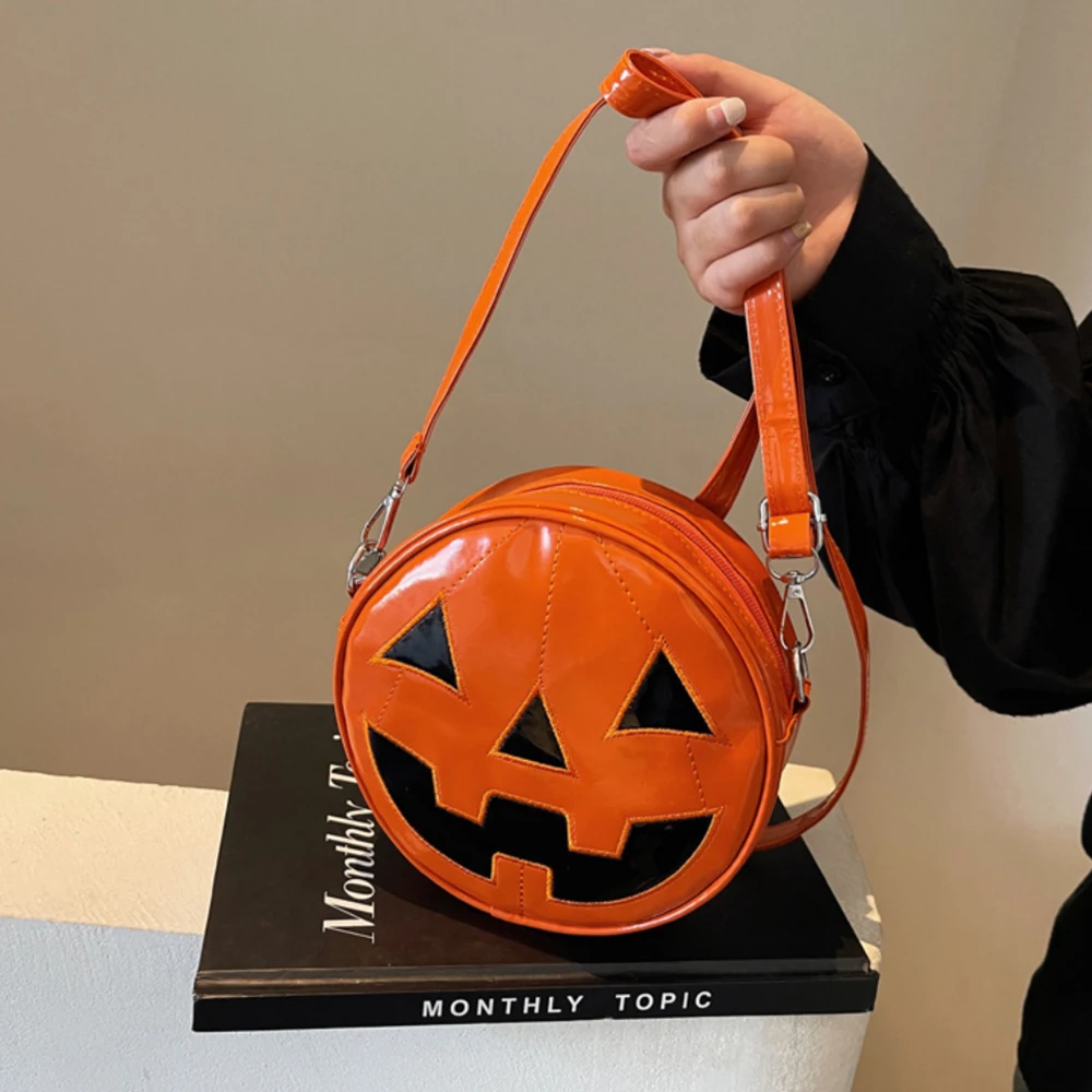 Women Halloween Pumpkin Crossbody Bag Round PU Leather Adjustable Strap Satchel Bag Funny Purse Creative Devil Shoulder Bag