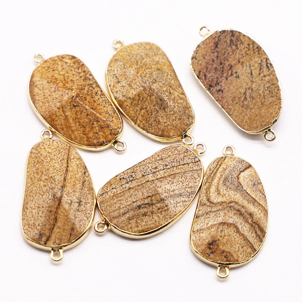 Hot 30*24MM Natural Picture Stone Charms Connector Pendant Double Hole 6pcs for DIY Women Men Jewelry Bracelet Making Wholesale