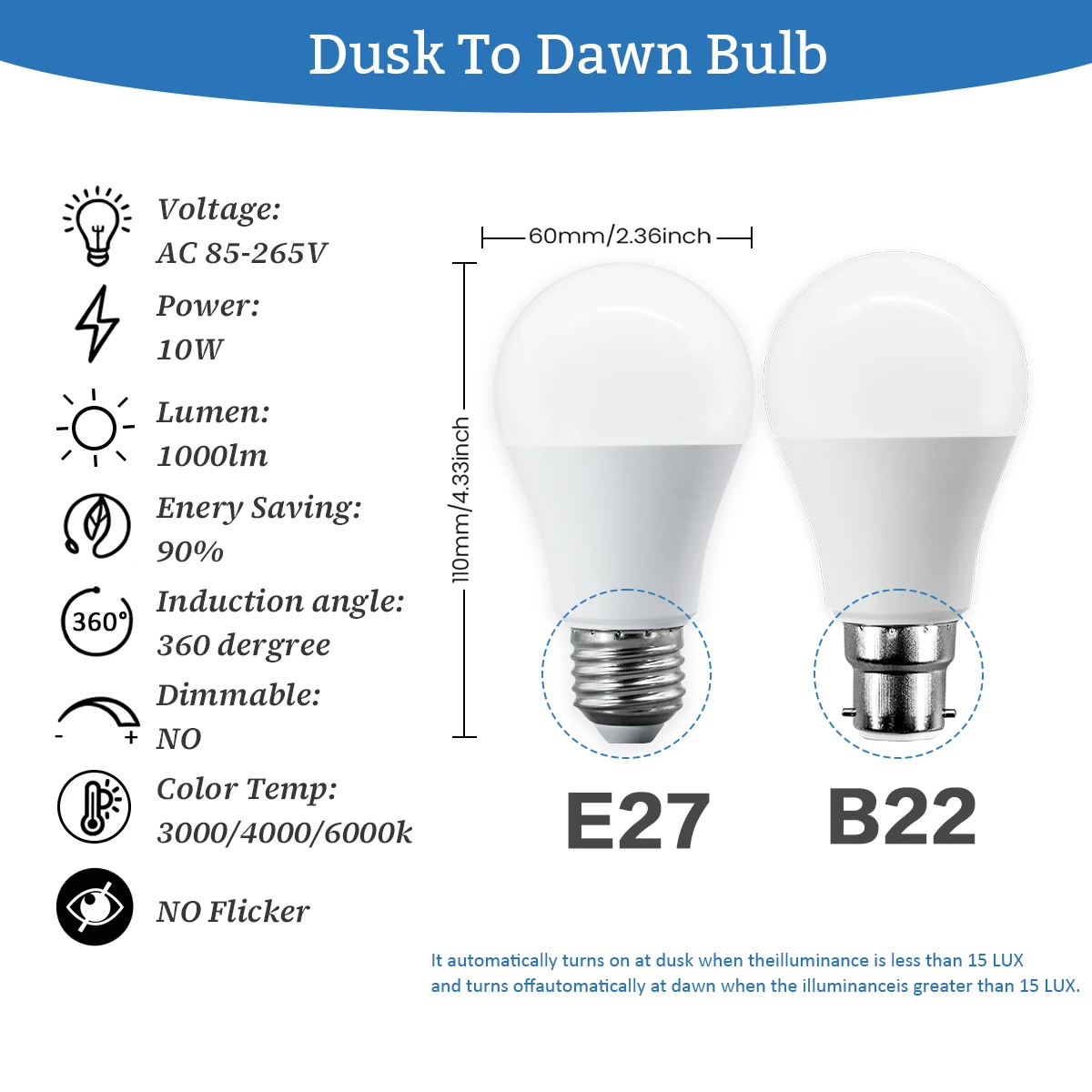 1-10팩 B22 E27 황혼에서 새벽까지 LED 전구 조명 센서 제어 전구 AC100-240V 10W 3000K-6000K 지하 주차장 복도용