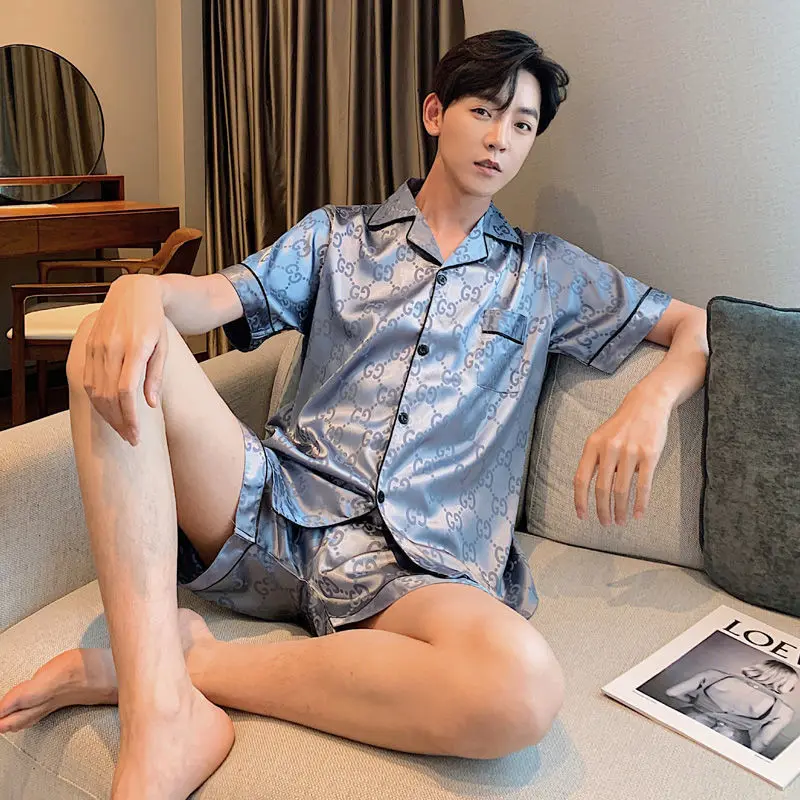 Men's Summer Ice Thin Silk Pajamas Short Sleeve Shorts Two Piece Set Oversized Loose Fitting Casual Jacquard Home Clothing