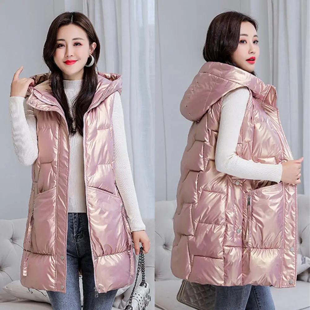 Chic 3D Cutting Windproof Loose Winter Long Type Sleeveless Hooded Warm Down Cotton Waistcoat Puffer Vest Cold Resistant - 2