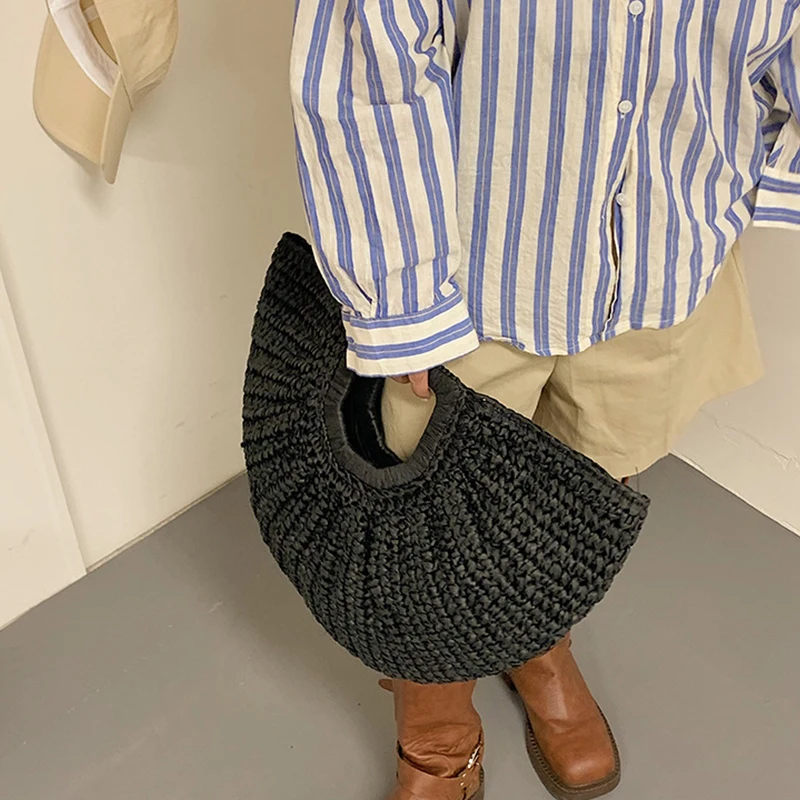 Moon Bag Beach Vacation Grass Bag Vine Weaving Handbag Womens Bag Summer Woven Straw Bag Large Capacity Shoulder Shopper Totes