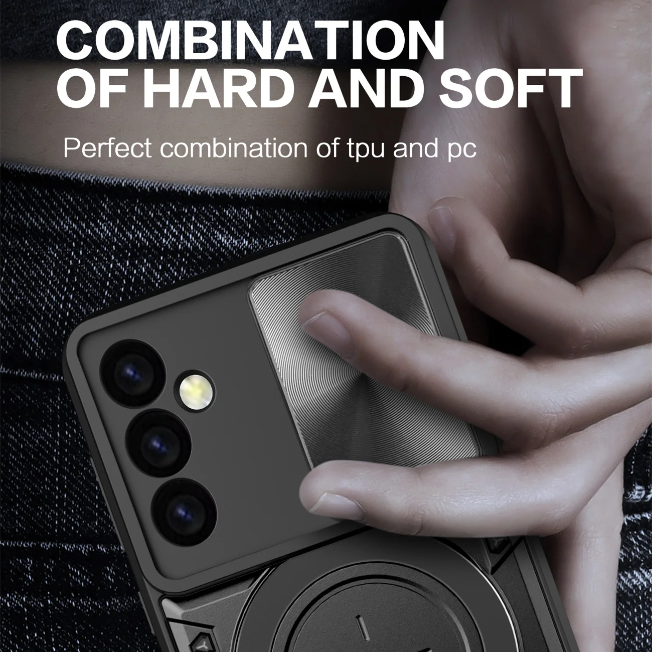 Slide Camera Lens Protective Case with Magnetic Armor and Hybrid Metal Ring Back Cover