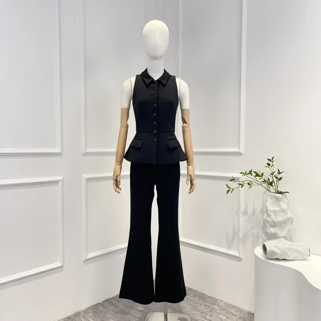 

Black Sleeveless Waist Vest and Flare Pants Suit 2023 New High Quality Intellectual Casual Women Set