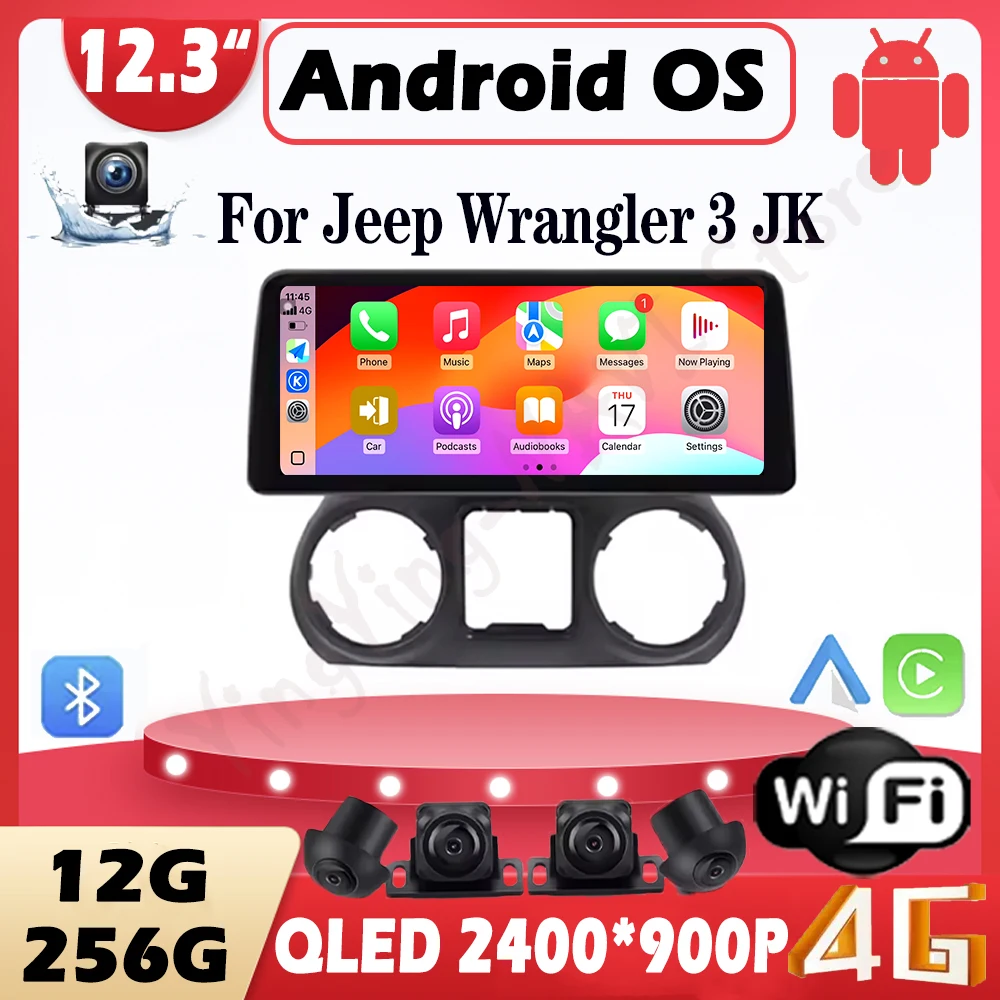 12,3 pulgadas para Jeep Wrangler 3 JK 2011-2017 reproductor Multimedia de vídeo para coche Android Auto Bluetooth navegación pantalla QLED WlFI 1