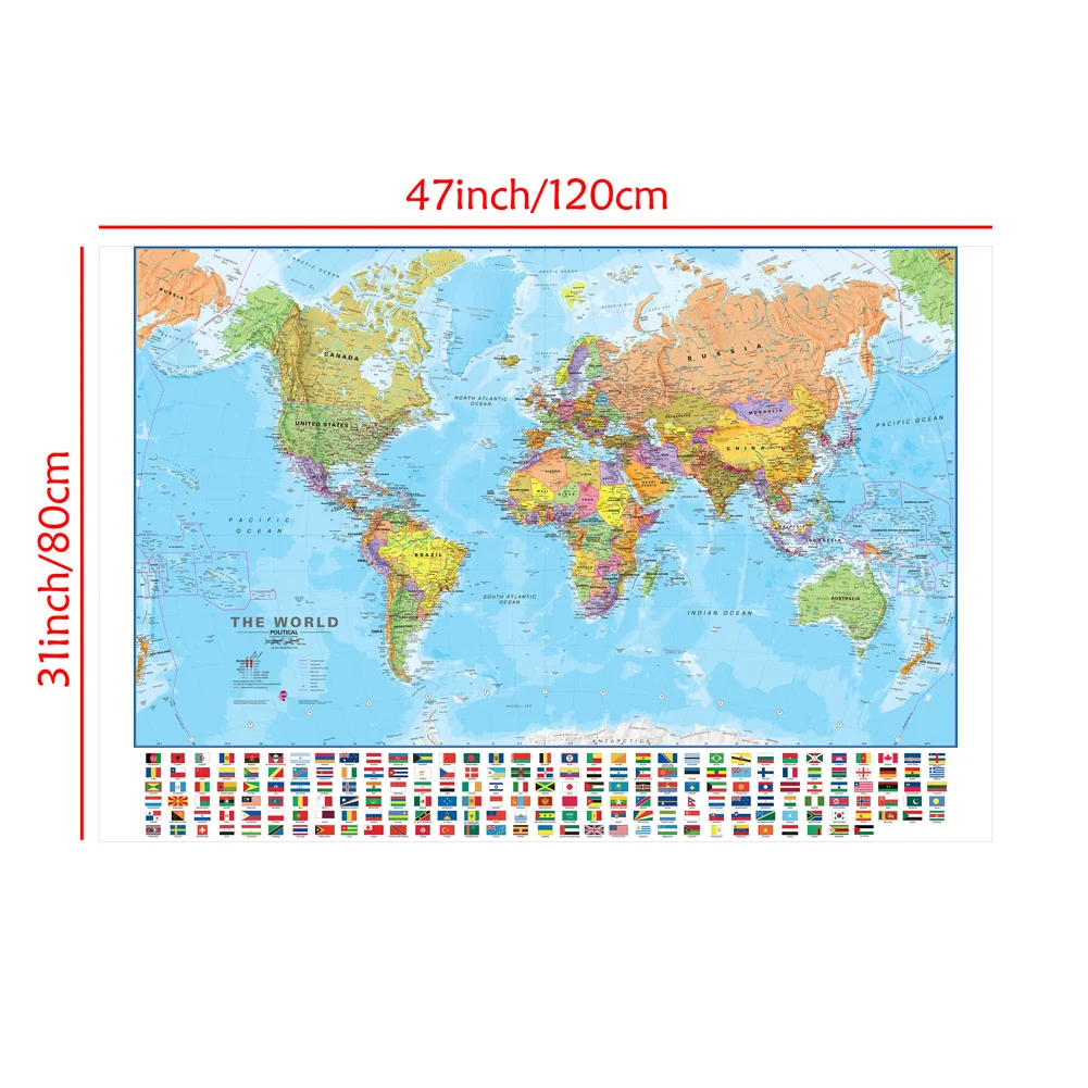 120x80cm The World Map in English Painting Wall Art Poster Printed Decorative Hanging Picture Living Room Office School Supplies world map poster