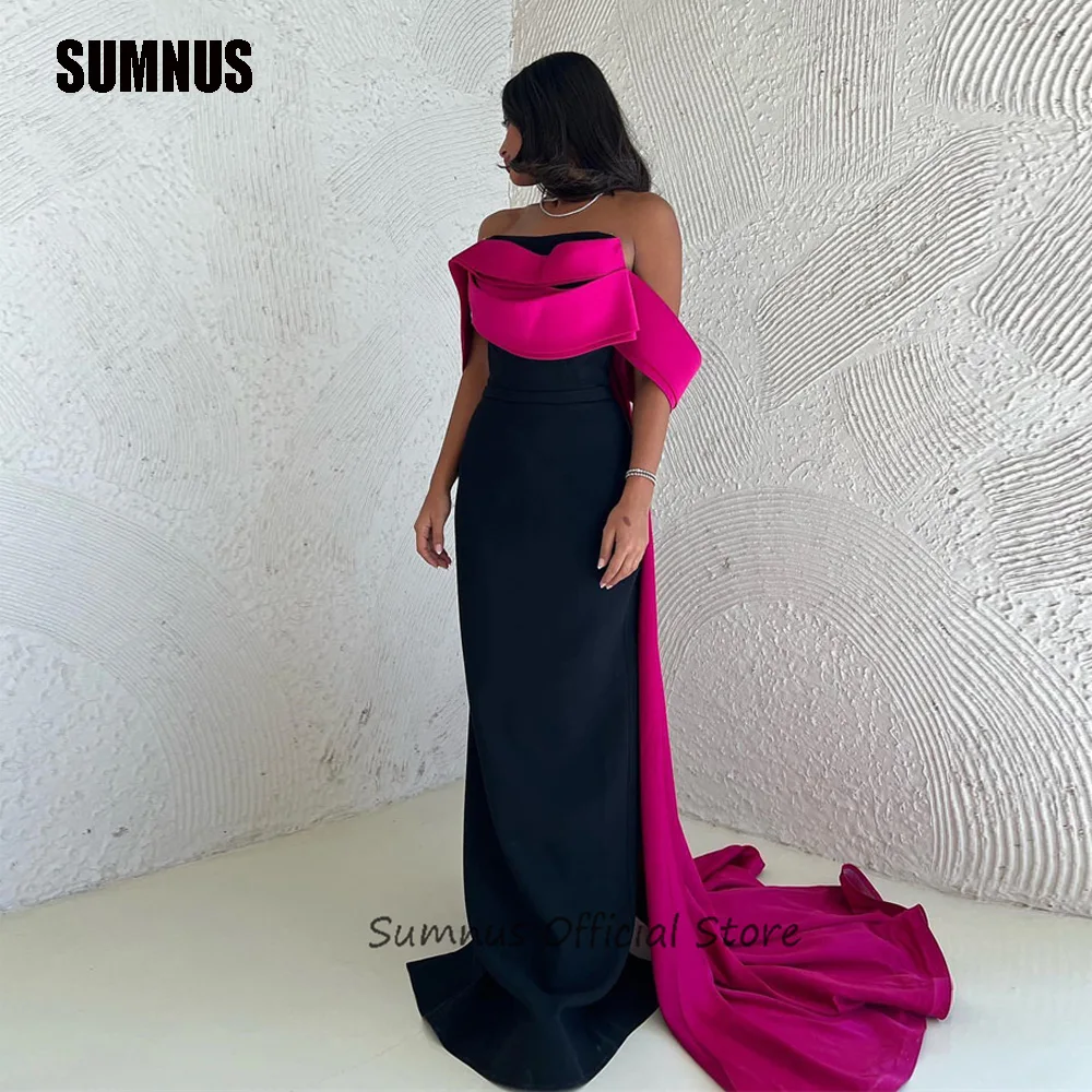 

SUMNUS Sexy Black Fuschia Off the Shoulder Saudi Aabic Prom Dresses Satin Evening Gowns Formal Occasions Night Event Party Dress