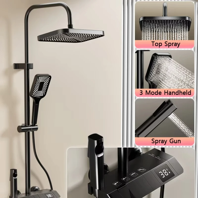 Juego de sistema de ducha con teclas de Piano, juego de ducha de baño, gris, negro, bañera, grifo de ducha caliente y fría, LED, 5