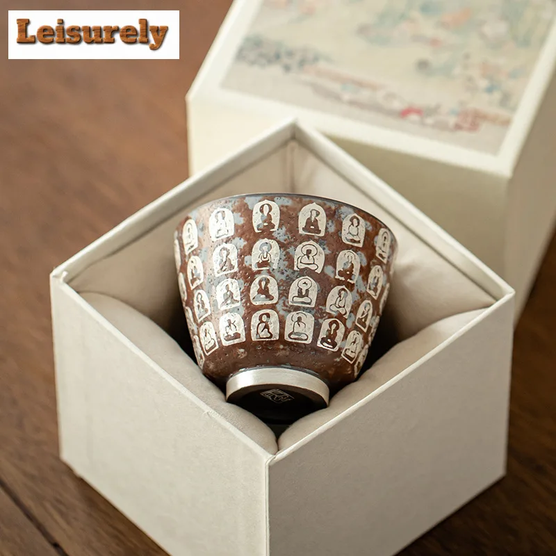 100ML Handmade Gilded Silver Tea Cup Chinese Dunhuang Buddha Master Cup Old Rock Clay Tasting Tea Bowl Chazhan Small Drinkware