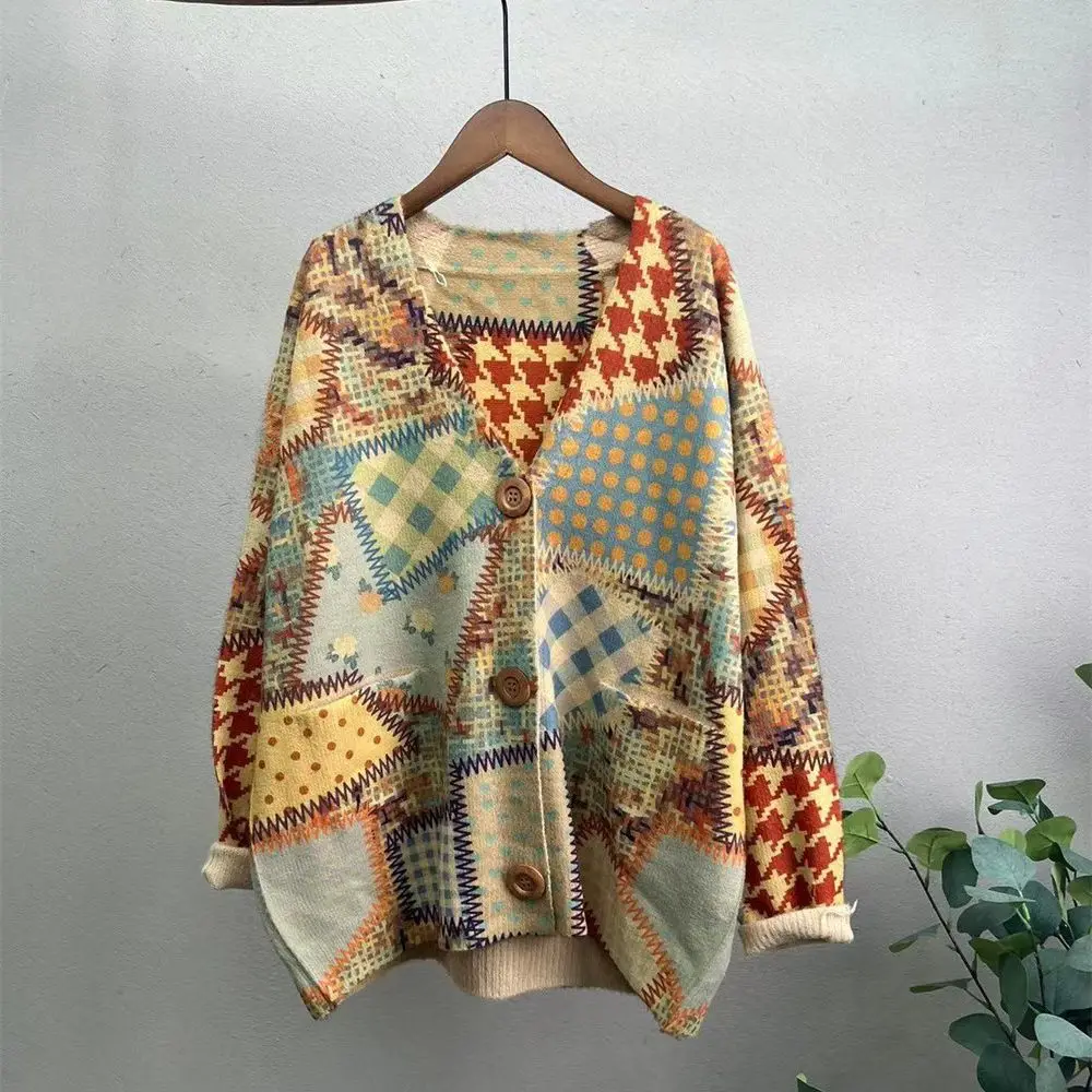 여성용 V넥 칼라 모조 밍크 벨벳 스웨터, 느슨한 빈티지 꽃 프린트, 오픈 스티치 니트 탑, 가을 겨울