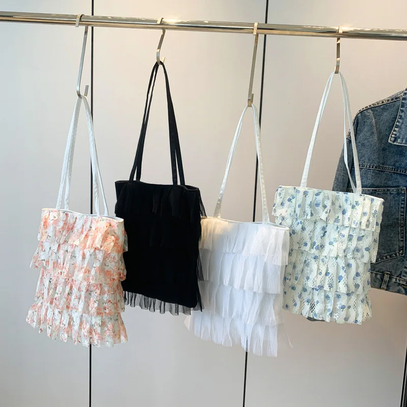 

New Lace Soft Yarn Skirt Bag Women 2024 Summer Pleated Cake Skirt Handbag Large Capacity Shoulder Bag Girl Shopping Tote Bag