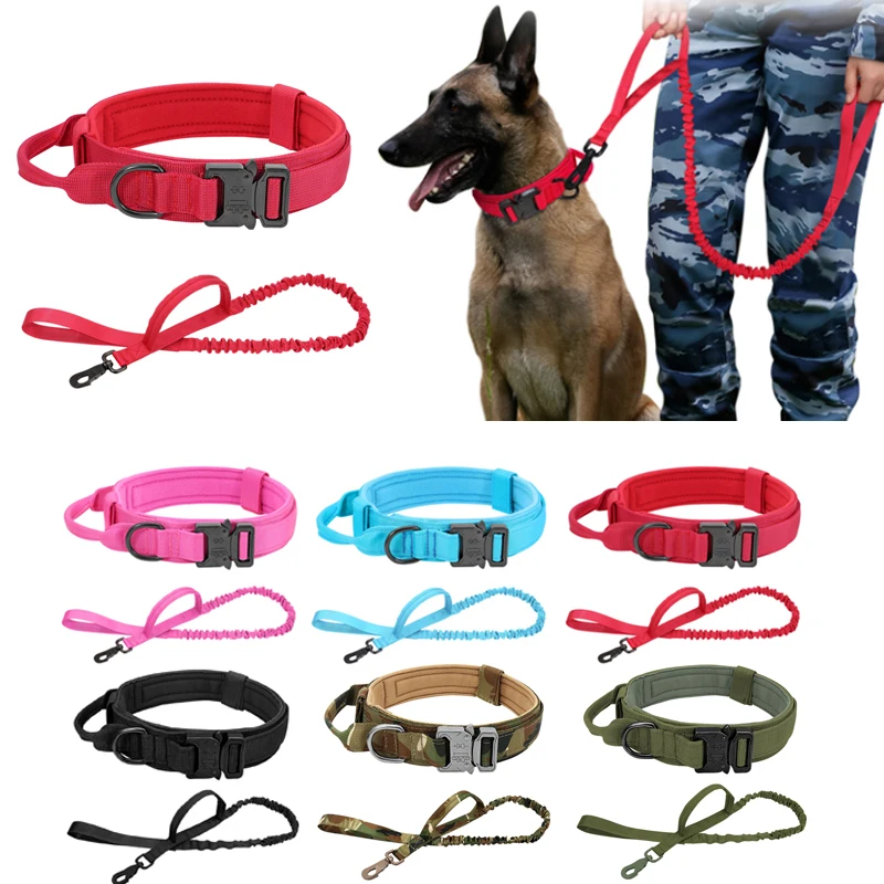 Durable Tactical Dog Collar Leash Set Adjustable Military Pet Collar Bungee Leash Medium Large Dog German Shepherd Red Blue Pink