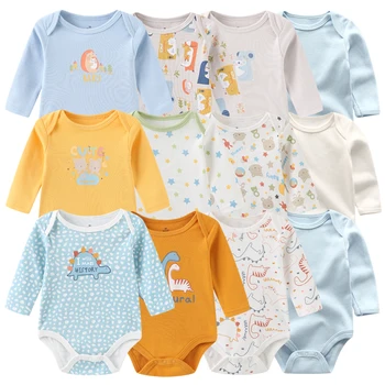 4Pieces Unisex Cotton Baby Girl Clothes New Born Long Sleeve Baby Boy Clothes Sets Print Anmial Bodysuit Solid Color Bebes 1