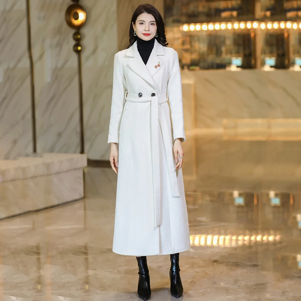 

New Women Autumn Winter White Woolen Overcoat Elegant Fashion Suit Collar Double Breasted Long Slim Wool Blended Coat With Belt