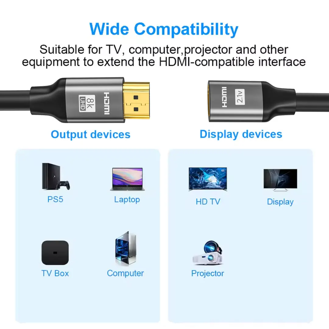 8K 60Hz 연장 케이블 4K@120Hz 고속 48Gbps 2.1 PS5/XBox 노트북 HDTV Projec.0.5M/1M/1.5M용 남성-여성 커넥터.
