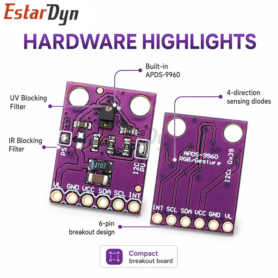 Estardyn APDS-9960 GY-9960 3.3V I2C Gesture Recognition RGB Proximity Sensor Module for Non-Contact Control & Color Sense image 5
