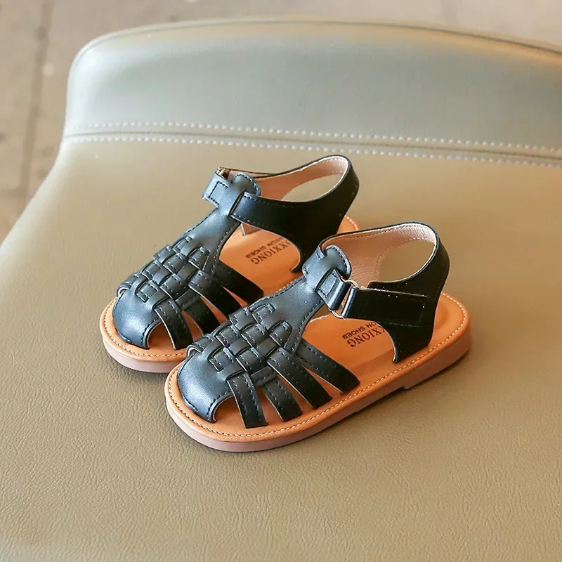 New Vintange Weave Solid Girl's Sandals Closed Toe Sandals for Girl Kids Baby Flat Girls Summer Kids Shoes