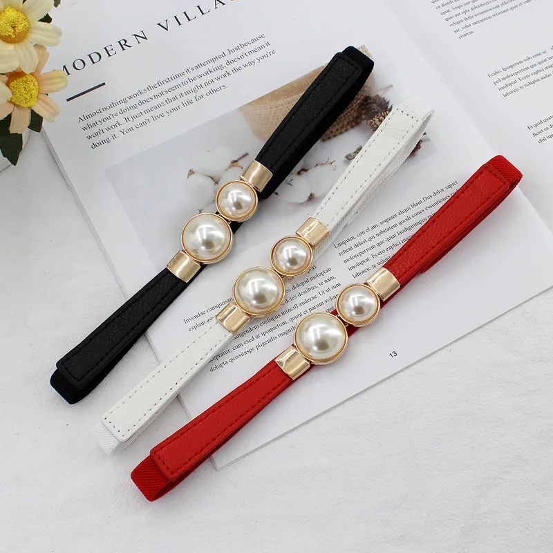 Elegant Double Pearls Buckle Elastic Women Belts Thin Straps Lady Girl Dress Skirt Decor Waistbands Trouser Dress Decoration