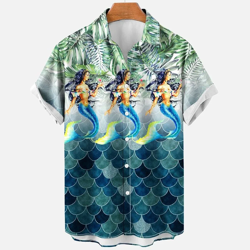 2022 Summer Retro Fashion Mermaid Shirt 3D Hawaiian Shirts Men's Shirt Casual Short Sleeve Loose Breathable Shirts Top