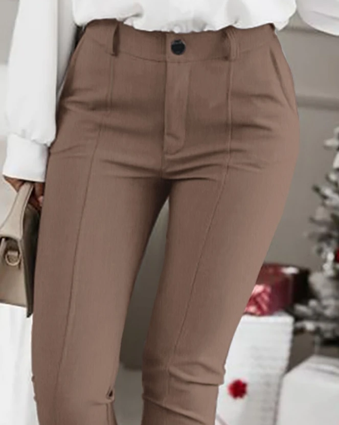Women's Fashion New Spring and Summer 2024 Commuting Pants Casual Slit High Waist Versatile Piping Buttoned Cuffed Pants