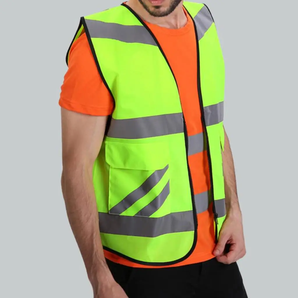 2 Pockets High Visibility Zipper Front Vest With Reflective Strips, Premium Style-A