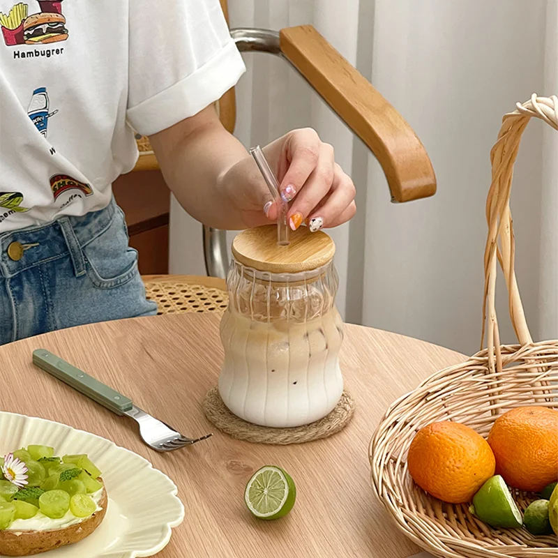 CNVOILA + Glass Tumbler with Straw and Bamboo Lid