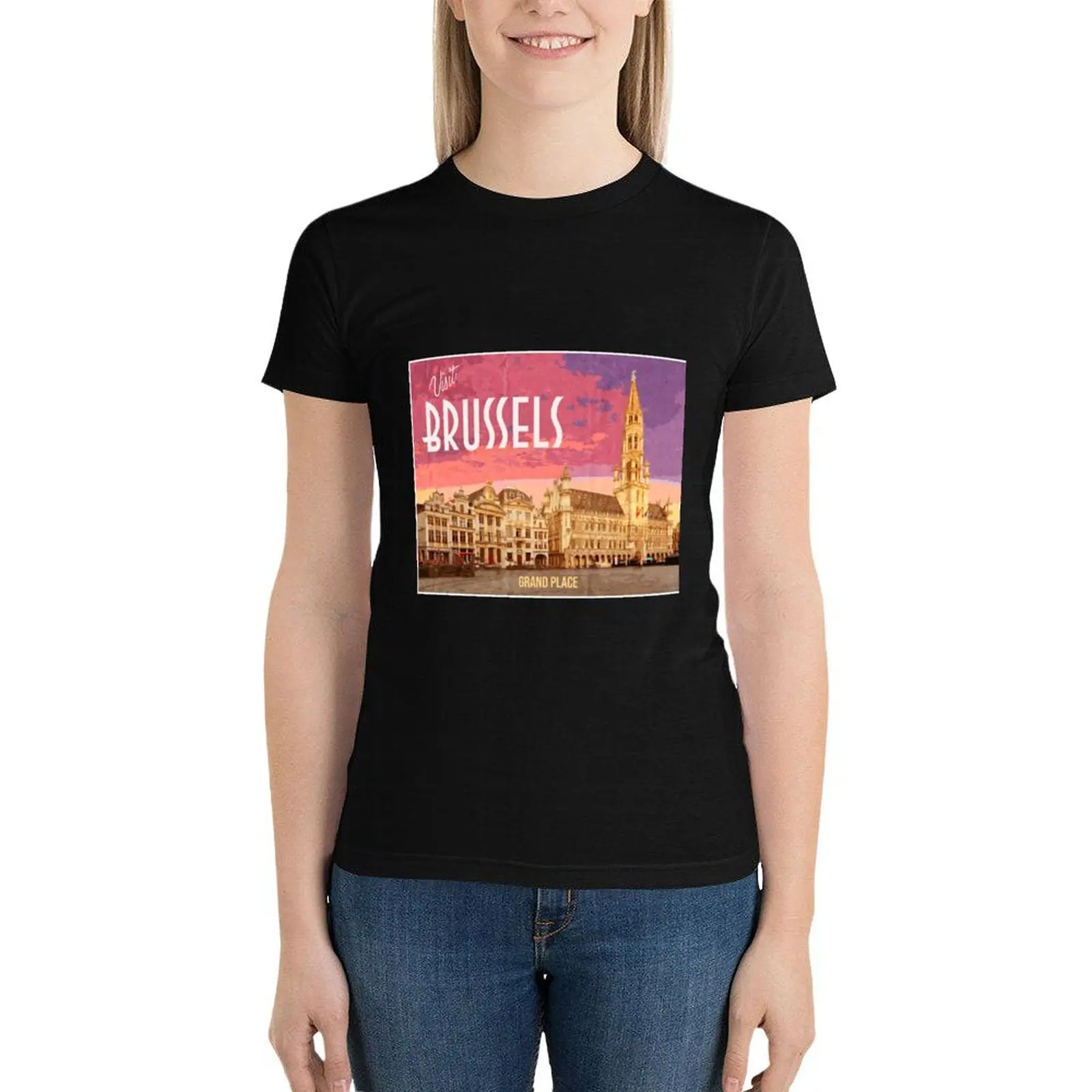

Vintage Looking Grand Place Brussels T-Shirt korean fashion cute tops Blouse graphics oversized workout shirts for Women