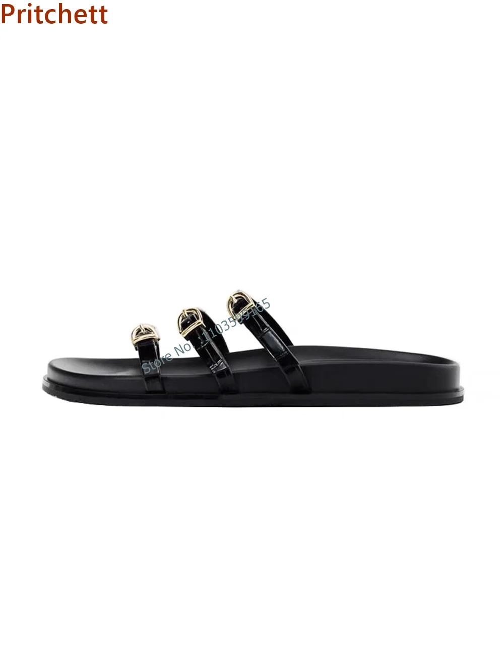 Solid Black Narrow Band Slippers Round Toe Flat with Slip On Belt Decoration Shoes Women Outdoor Comfortable Beach Shoes