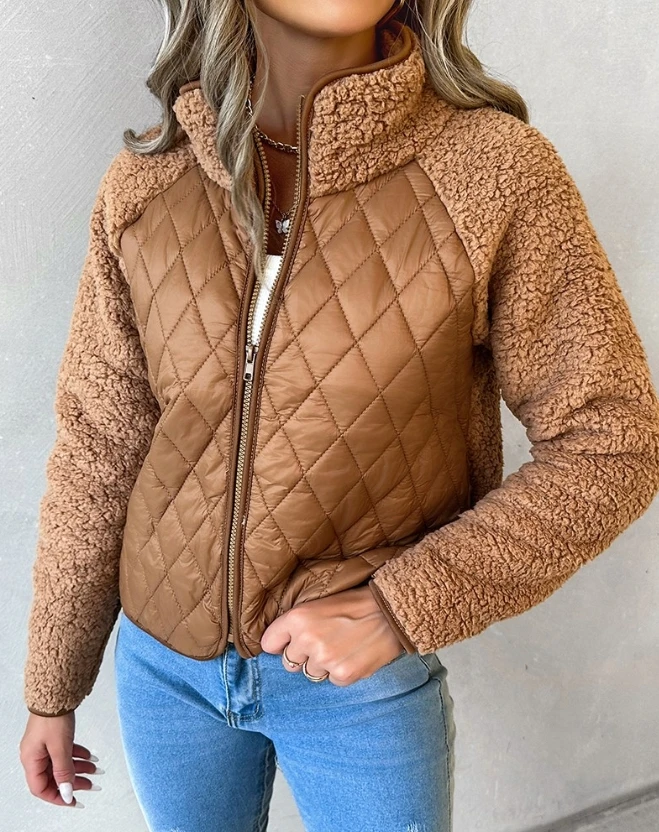 Women's Long Sleeve Patchwork Stand Collar Jacket 2023 New Zipper Design Patchwork Teddy Puffer Coat Daily Casual Short Coat