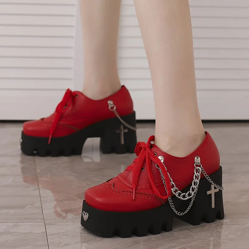 

2023 Autumn/winter New Waterproof Thick Platform High Heel Pumps Shoes Metal Chain Chunky Punk Brogue Oxford Women's Shoes 35-46