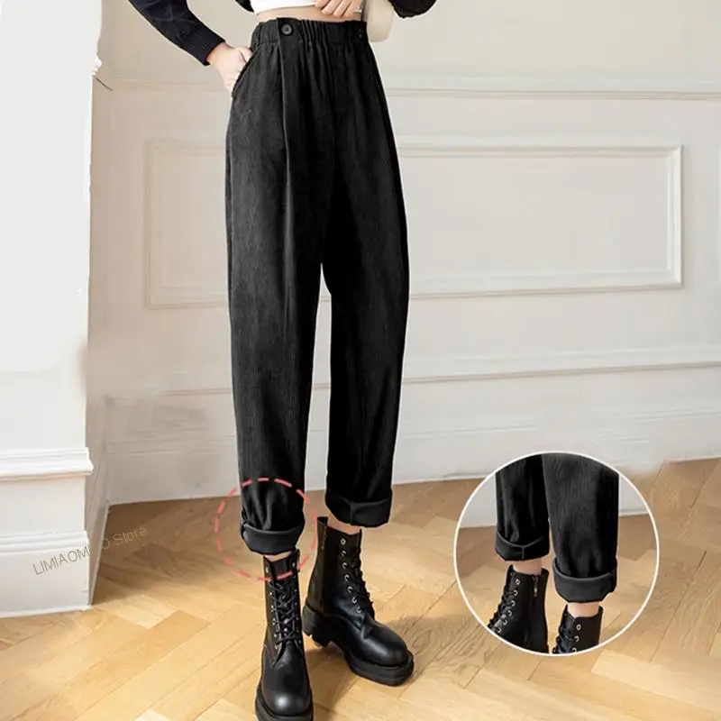 2022 Rimocy Autumn Casual Corduroy Women's Pants Winter High Waisted Loose Trousers Female Solid Wide Leg Streetwear Pants Woman