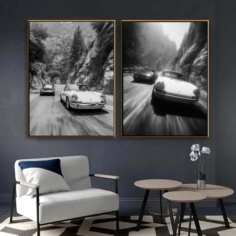 Two Framed Car Images In Living Room.