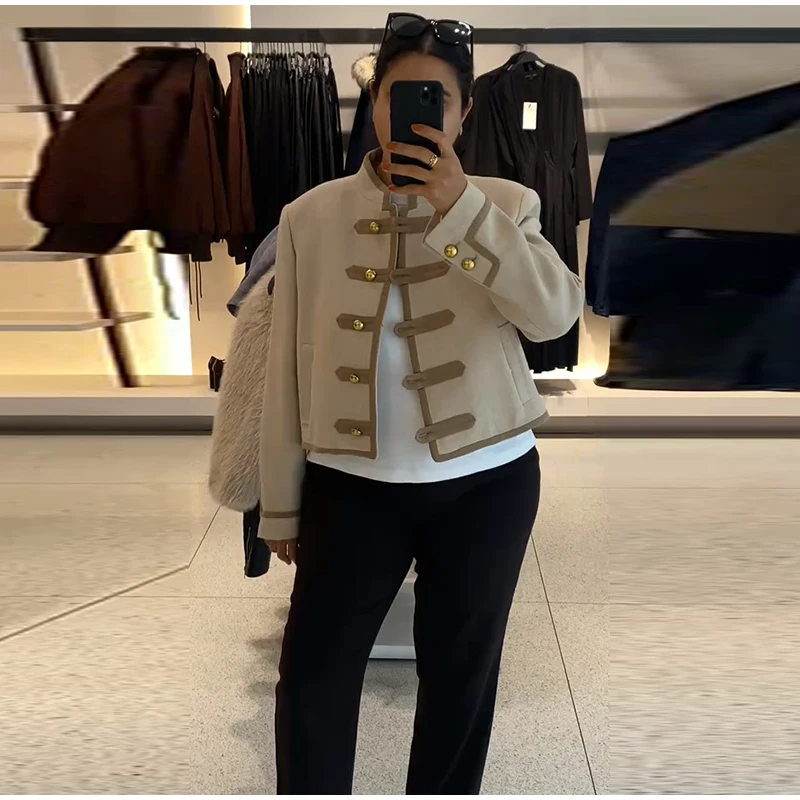 Beige abgeschnittene kurze Jacke für Damen, modisch, Stehkragen, Knebelverschluss, volle Ärmel, Mantel, 2023, Herbst, weibliche Pendel-Oberbekleidung – Detail 21