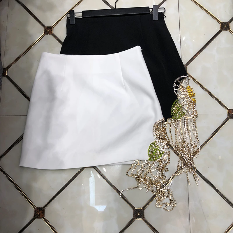 

New Elegant Ol Flower Diamond Tassel Skirt Women Summer Slim Ultra-Short A- Line Package Hip Skirts Y2k Jupe 2023 White Black