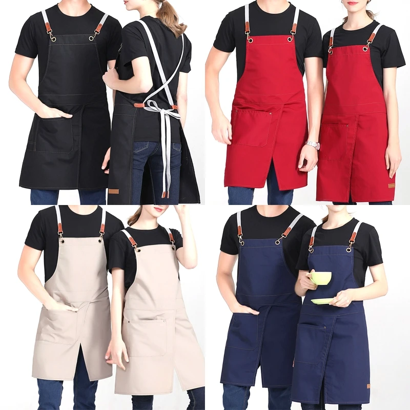 

Fashionable Canvas Apron with Pockets Hanging Neck Waterproof Oil Proof Bib for Kitchen Cooking Restaurant BBQ Painting M6CE