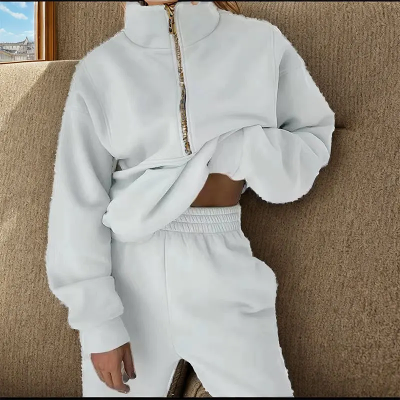 Autumn New Solid Color Loose Casual Sweatshirt Elastic Waist Sweatpants Set Women Fashion Zipper Pullover Top Korean Pants Suit